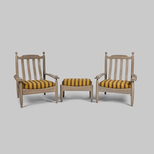 Vintage Pair of French Oak Armchairs with Ottoman