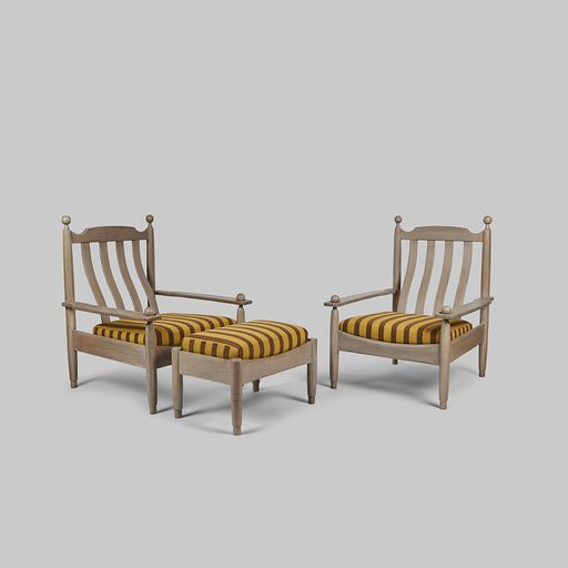 Vintage Pair of French Oak Armchairs with Ottoman