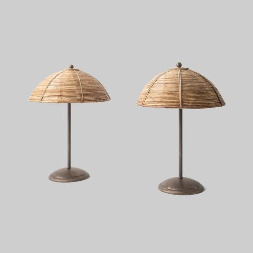 Vintage Pair of Brass & Rattan Table Lamps in the manner of Gabriella Crespi