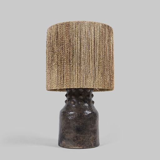 Black Glazed Pottery Table Lamp with Rope Shade