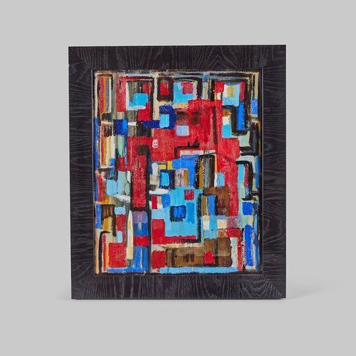 Vintage Framed Abstract in Blues & Red