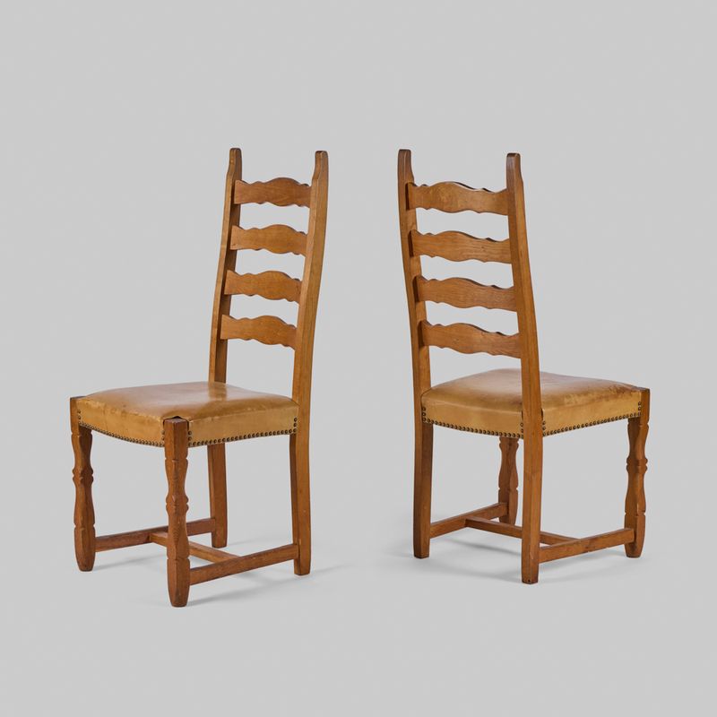 Set of Four Vintage Ladderback Oak & Leather Dining Chairs