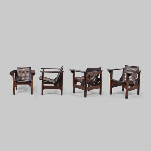 Vintage Set of 4 Pierre Dariel 'Hendaye' Wood & Cane Armchairs