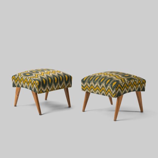 Vintage Pair of Ikat Upholstered Ottomans
