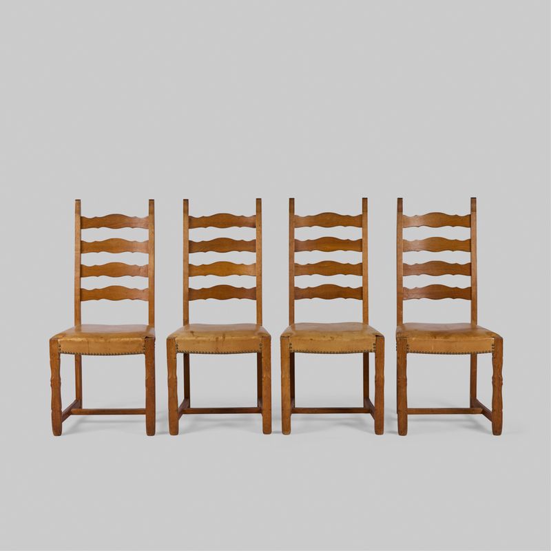 Set of Four Vintage Ladderback Oak & Leather Dining Chairs