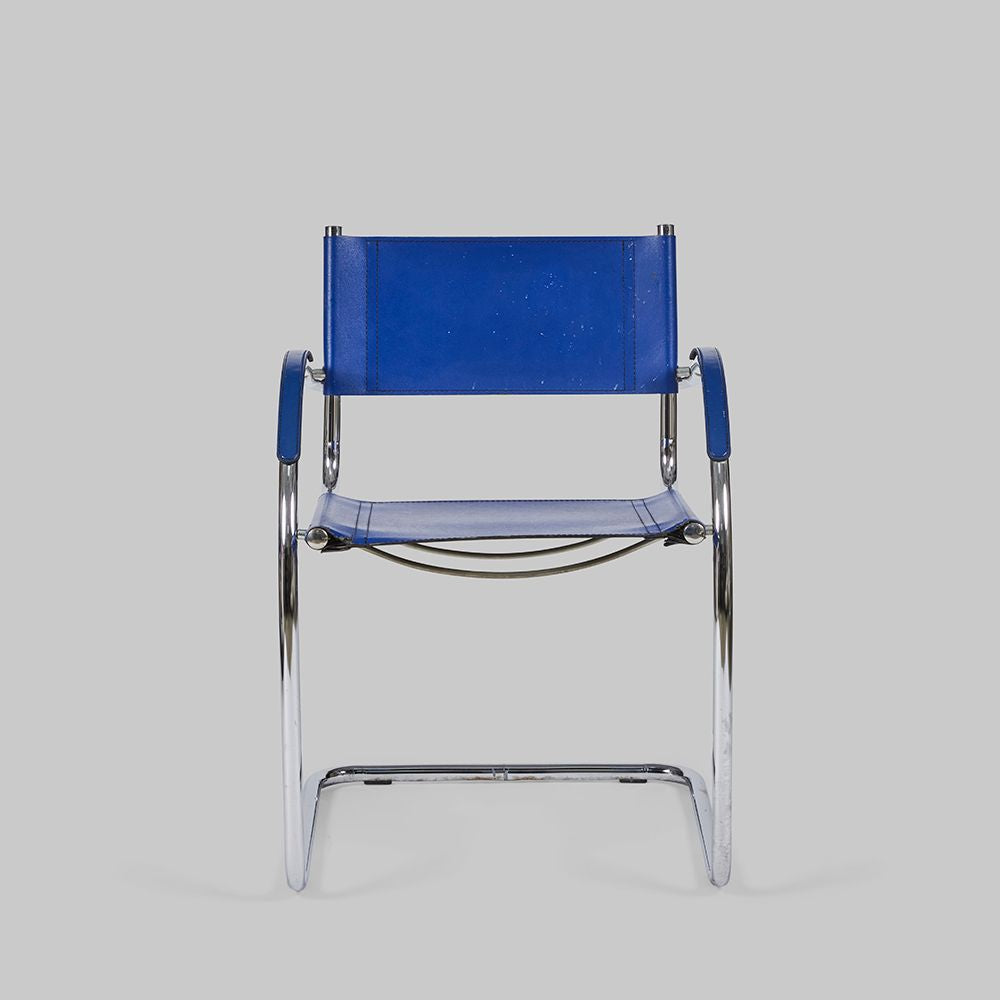 Vintage Set of Four Chrome and Yves Klein Blue Leather Chairs