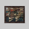 Large Vintage Painting of Barcelona Harbor