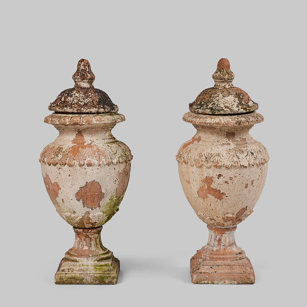 Pair of French Terracotta Urns w/Tops