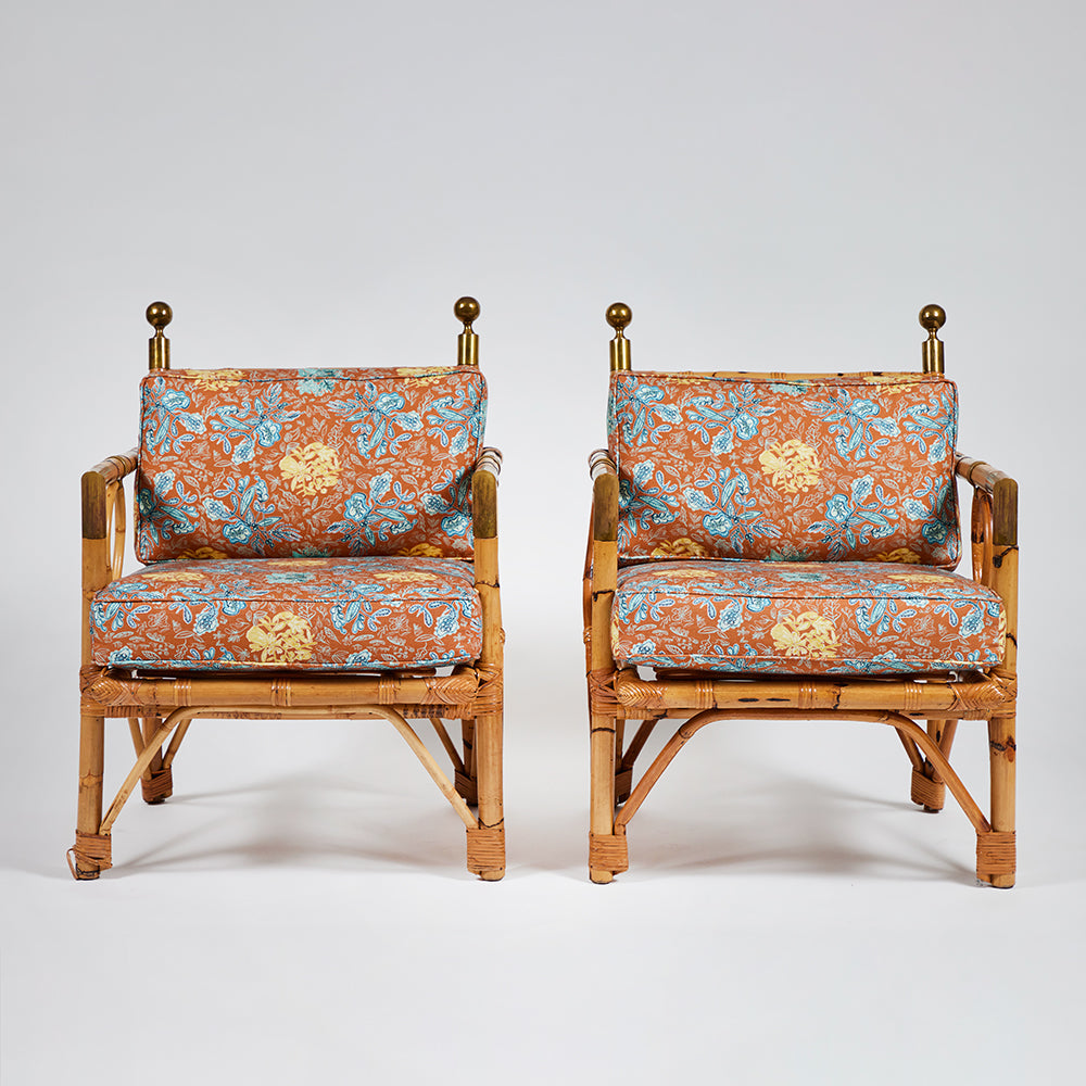 Vintage Pair Bamboo & Brass Armchairs