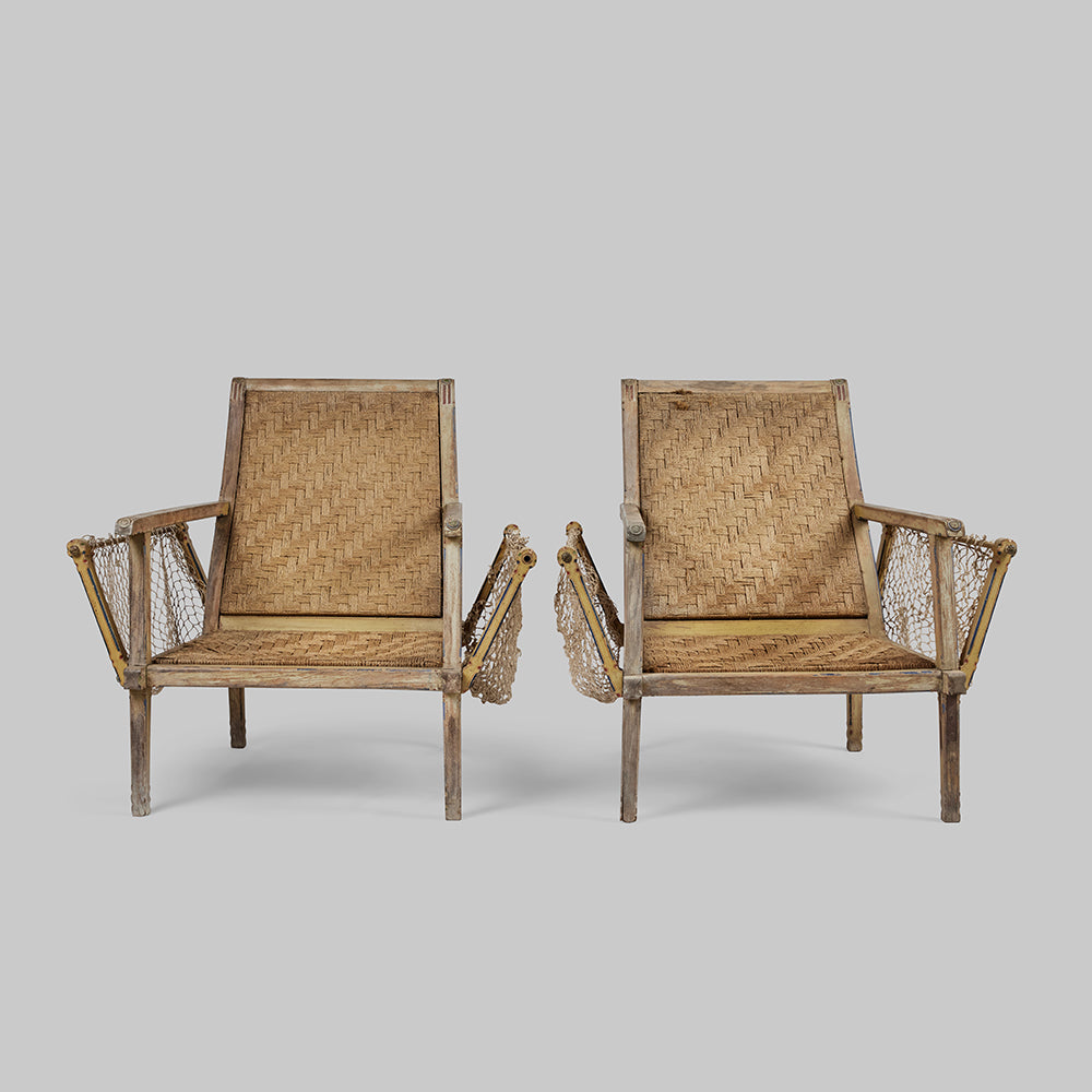 Vintage Pair of Bord de Mer Oak & Rush Chairs w/Netting