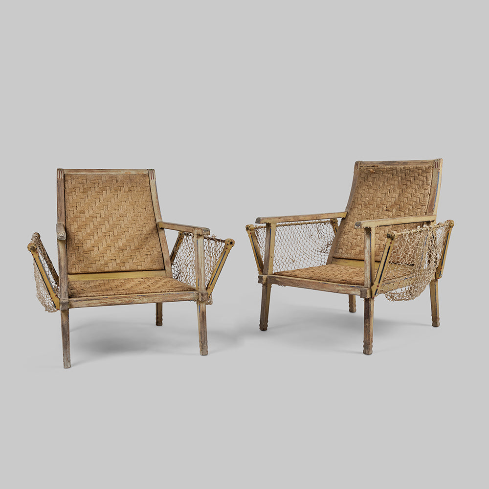 Vintage Pair of Bord de Mer Oak & Rush Chairs w/Netting