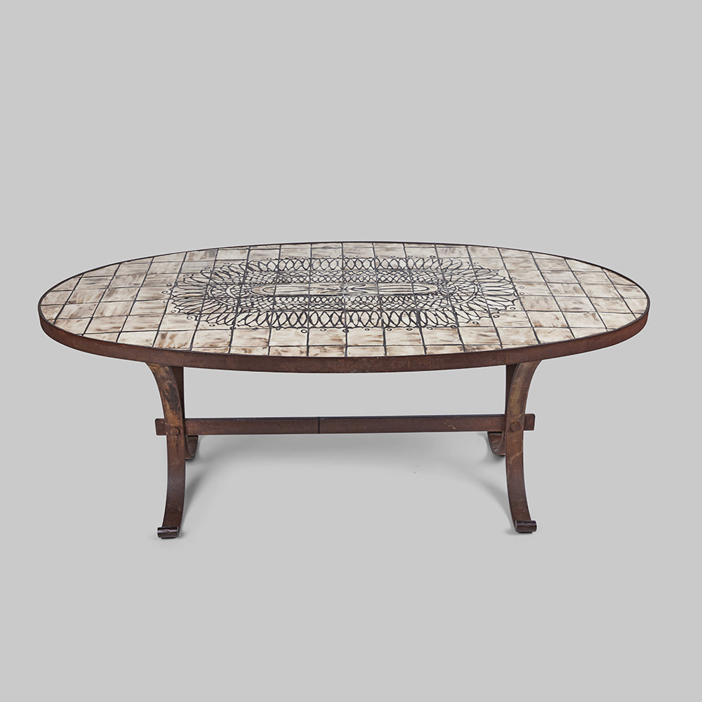 Vintage Ceramic Tile Top Oval Dining Table by Jacques Pouchain